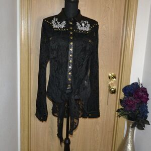 Memento Mori Goth Cowgirl Chic Lace Embroidered Skull Floral Sheer Rodeo Top